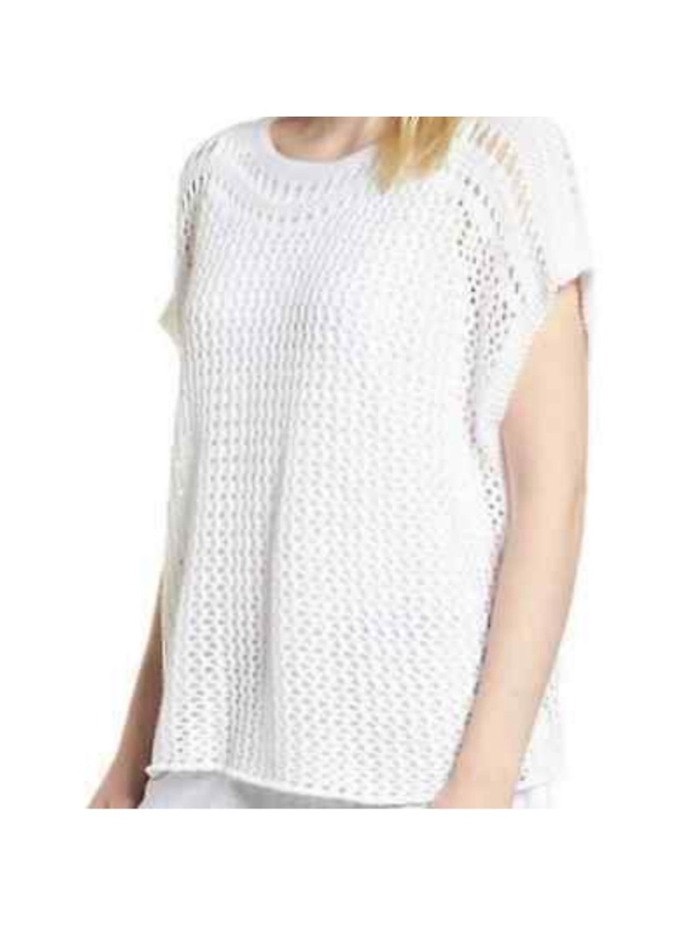 Eileen Fisher Bateau Neck Box Top White Crochet Open Knit Organic Cotton S/M